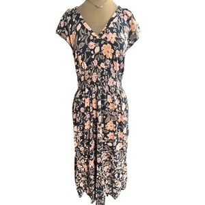 Floral V-Neck Smocked Waist Midi Dress Navy Blue Peach XL cottagecore tiered